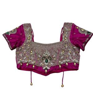 One of a Kind Hot Pink Embroidered and Jeweled Sari Top Size Large